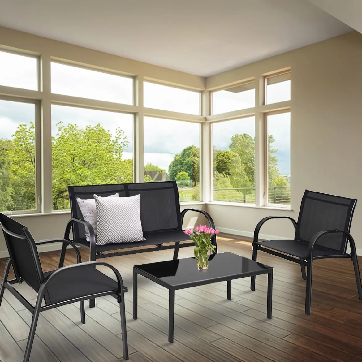 4-teiliges Terrassenmöbelset Terrassenmöbel Gartenmöbel Garten Lounge Set Sitzgruppe Sitzgarnitur Schwarz
