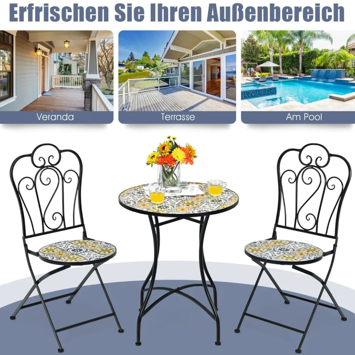 3-teiliges Terrassen-Set mit rundem Tisch und 2 Klappstühlen für Veranda Schwarz und Gelb