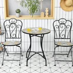 3-teiliges Terrassen-Set mit rundem Tisch und 2 Klappstühlen für Veranda Schwarz und Gelb