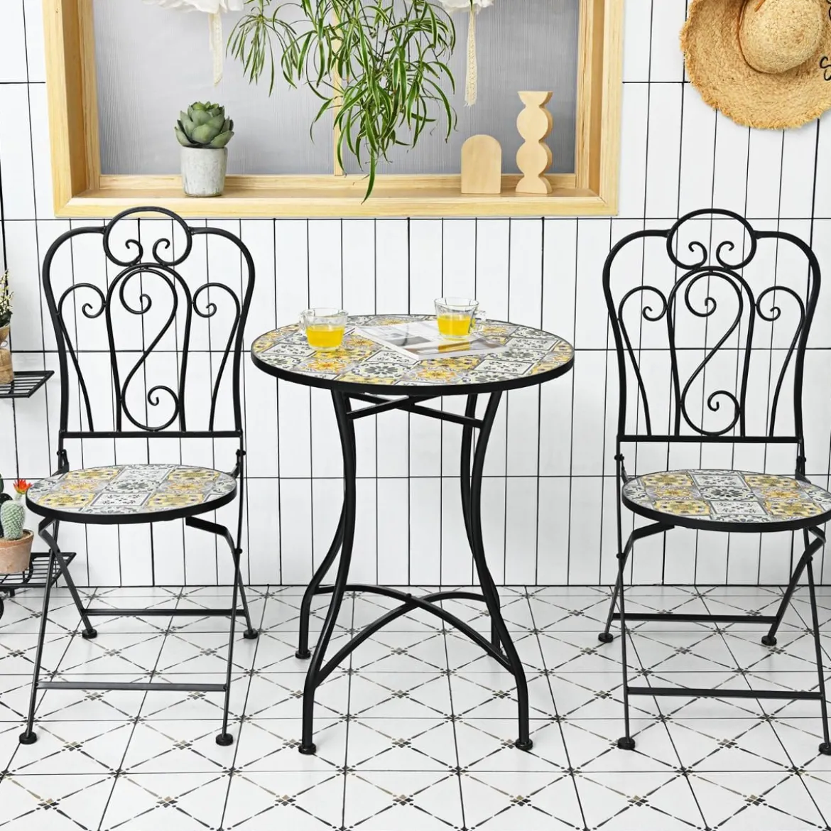 3-teiliges Terrassen-Set mit rundem Tisch und 2 Klappstühlen für Veranda Schwarz und Gelb