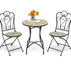 3-teiliges Terrassen-Set mit rundem Tisch und 2 Klappstühlen für Veranda Schwarz und Gelb