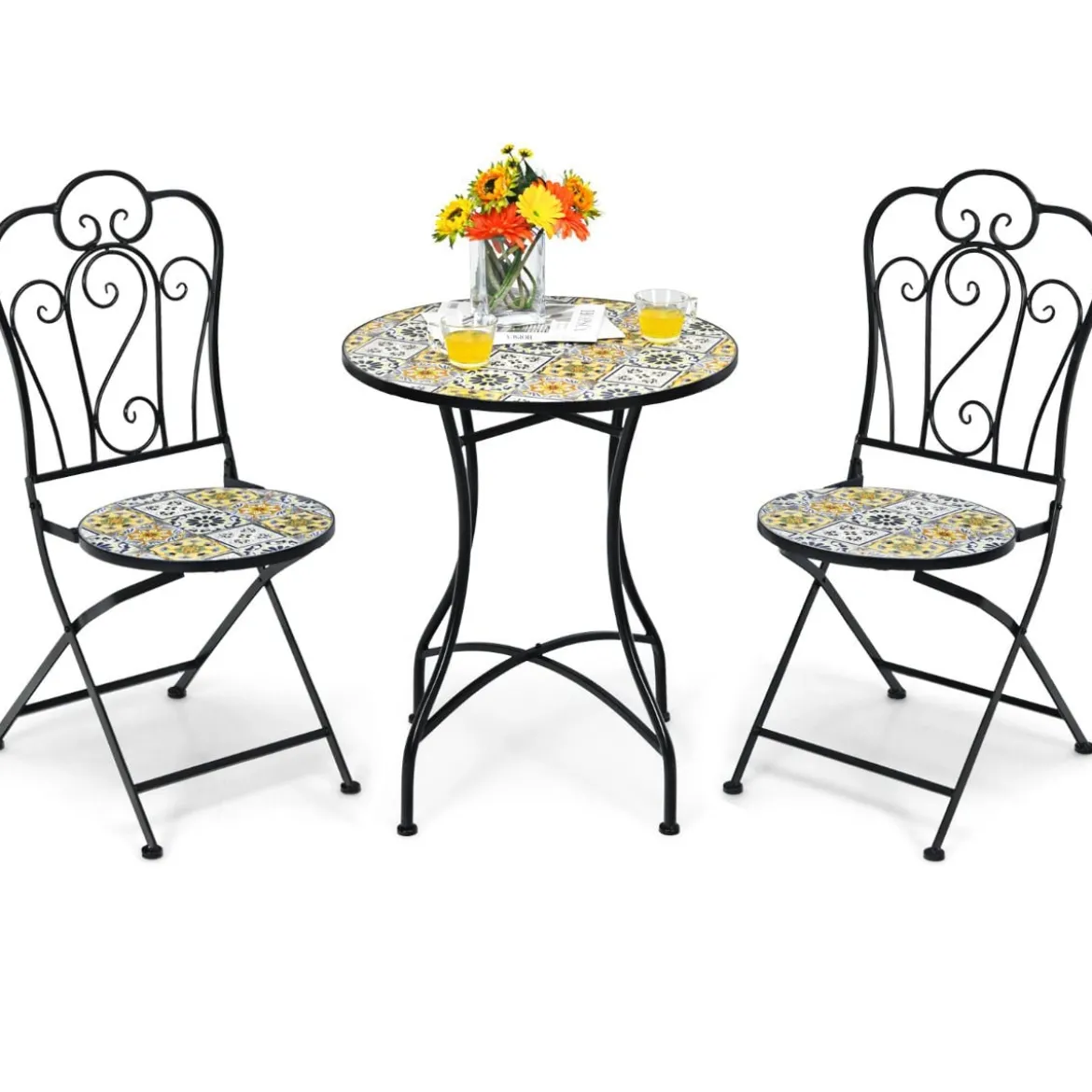 3-teiliges Terrassen-Set mit rundem Tisch und 2 Klappstühlen für Veranda Schwarz und Gelb