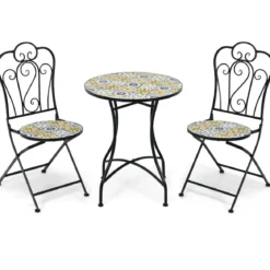 3-teiliges Terrassen-Set mit rundem Tisch und 2 Klappstühlen für Veranda Schwarz und Gelb
