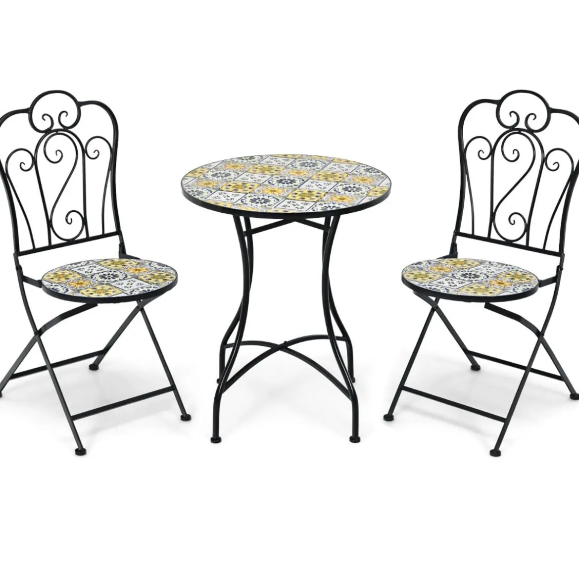 3-teiliges Terrassen-Set mit rundem Tisch und 2 Klappstühlen für Veranda Schwarz und Gelb
