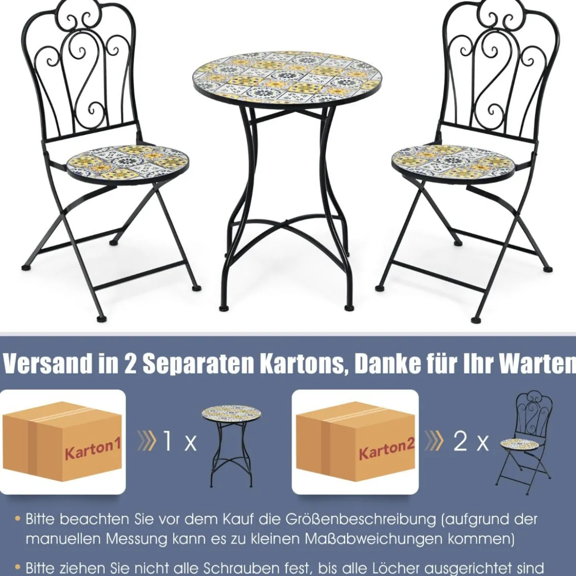 3-teiliges Terrassen-Set mit rundem Tisch und 2 Klappstühlen für Veranda Schwarz und Gelb