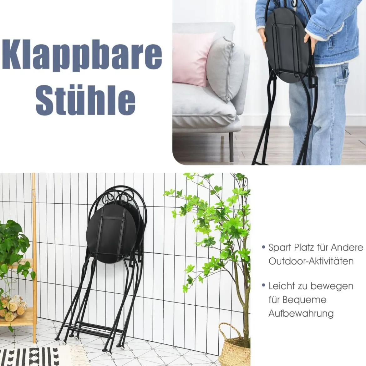 3-teiliges Terrassen-Set mit rundem Tisch und 2 Klappstühlen für Veranda Schwarz und Gelb