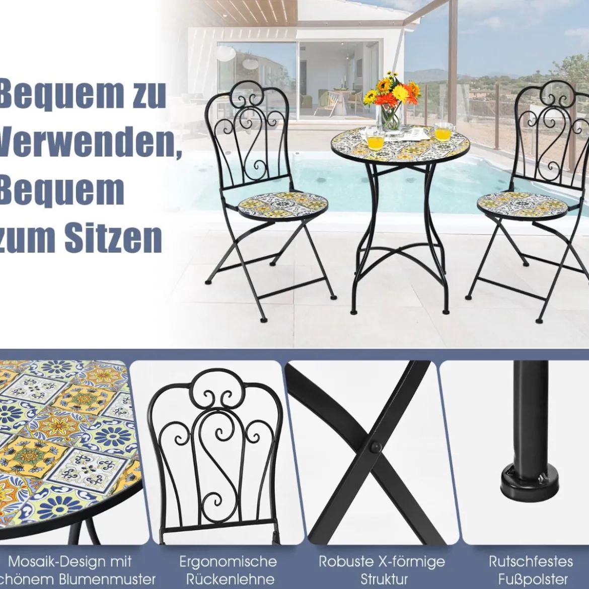 3-teiliges Terrassen-Set mit rundem Tisch und 2 Klappstühlen für Veranda Schwarz und Gelb