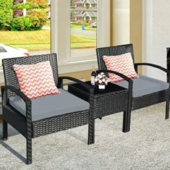 3-teiliges Terrassen-Set Outdoor-Rattan-Set mit Sitzkissen & Couchtisch modernes Möbel-Set Grau