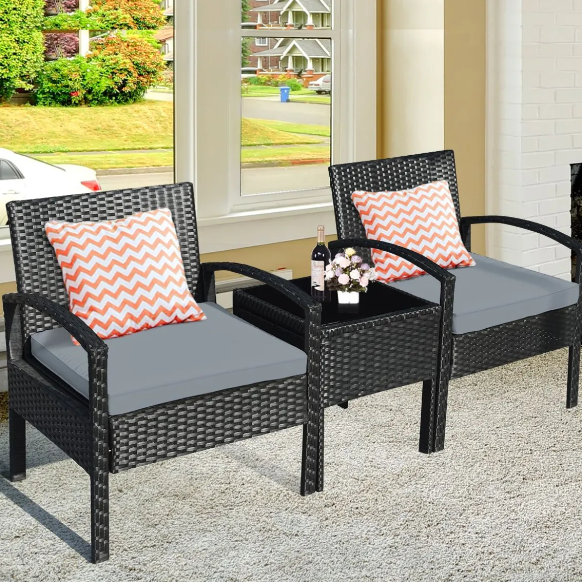 3-teiliges Terrassen-Set Outdoor-Rattan-Set mit Sitzkissen & Couchtisch modernes Möbel-Set Grau