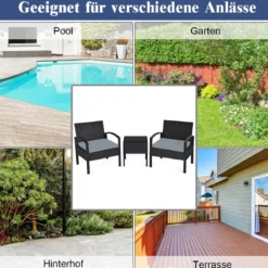 3-teiliges Terrassen-Set Outdoor-Rattan-Set mit Sitzkissen & Couchtisch modernes Möbel-Set Grau