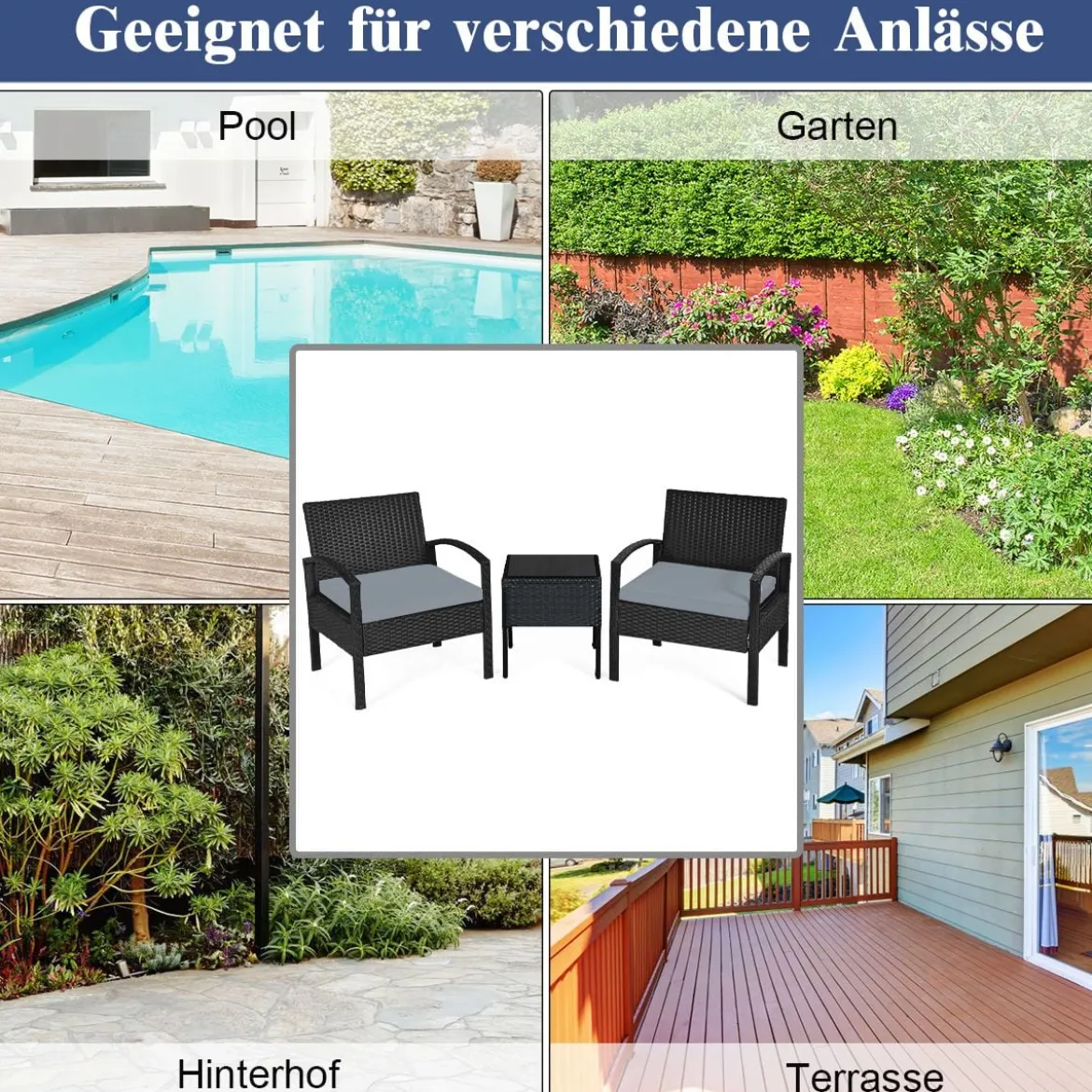 3-teiliges Terrassen-Set Outdoor-Rattan-Set mit Sitzkissen & Couchtisch modernes Möbel-Set Grau