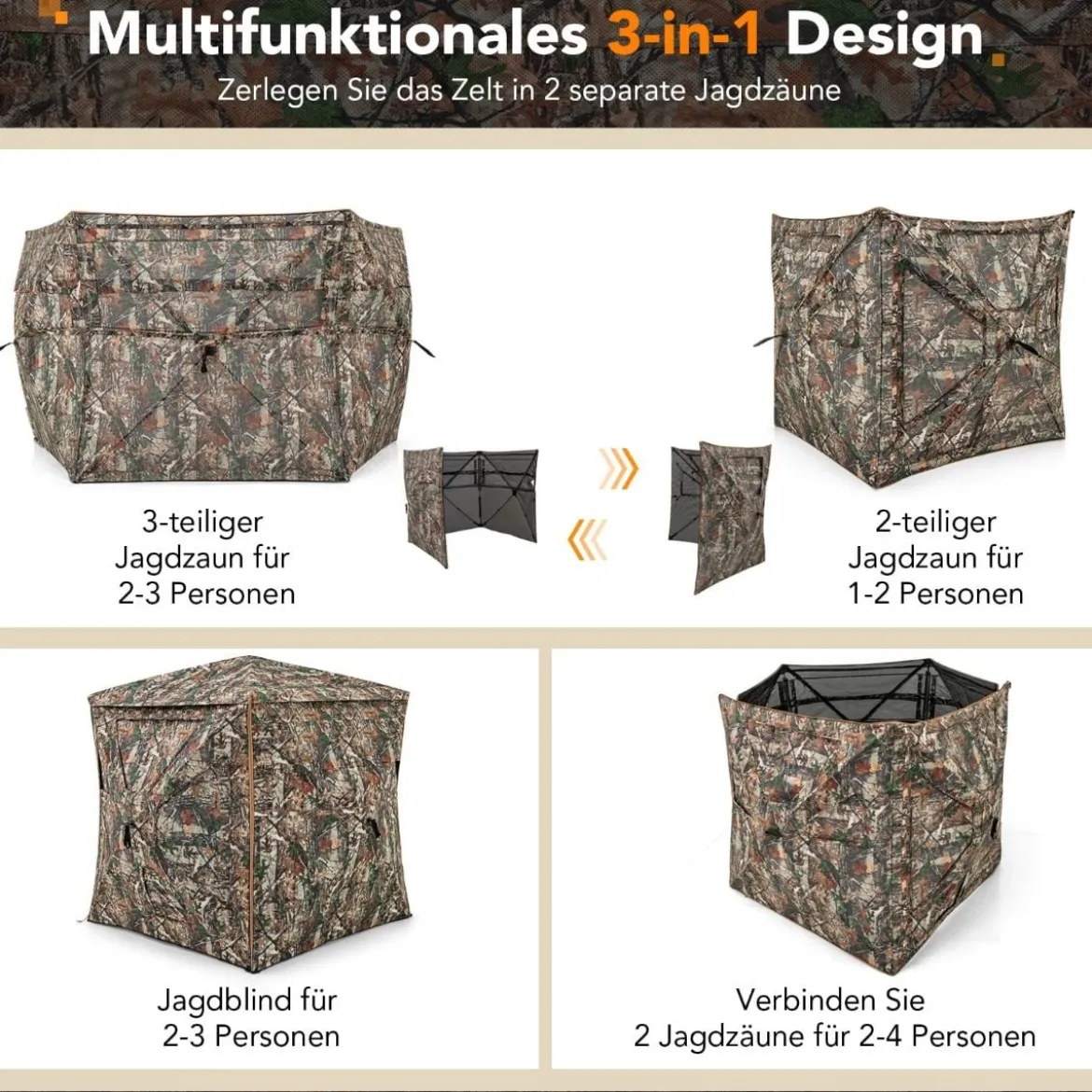 5-teiliges zerlegbares Jagdversteck für 2–3 Personen 360° durchsichtiges Jägerzelt
