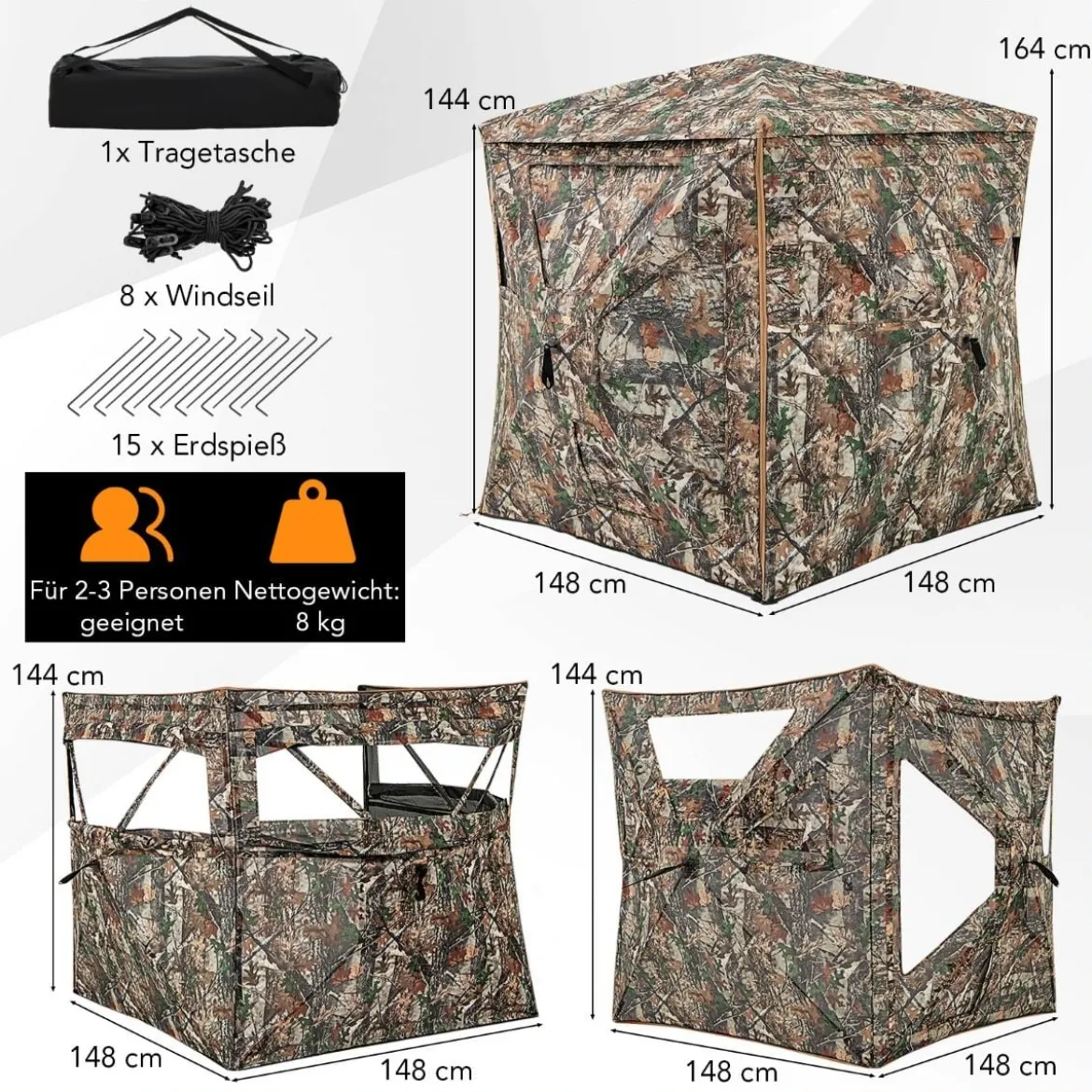 5-teiliges zerlegbares Jagdversteck für 2–3 Personen 360° durchsichtiges Jägerzelt
