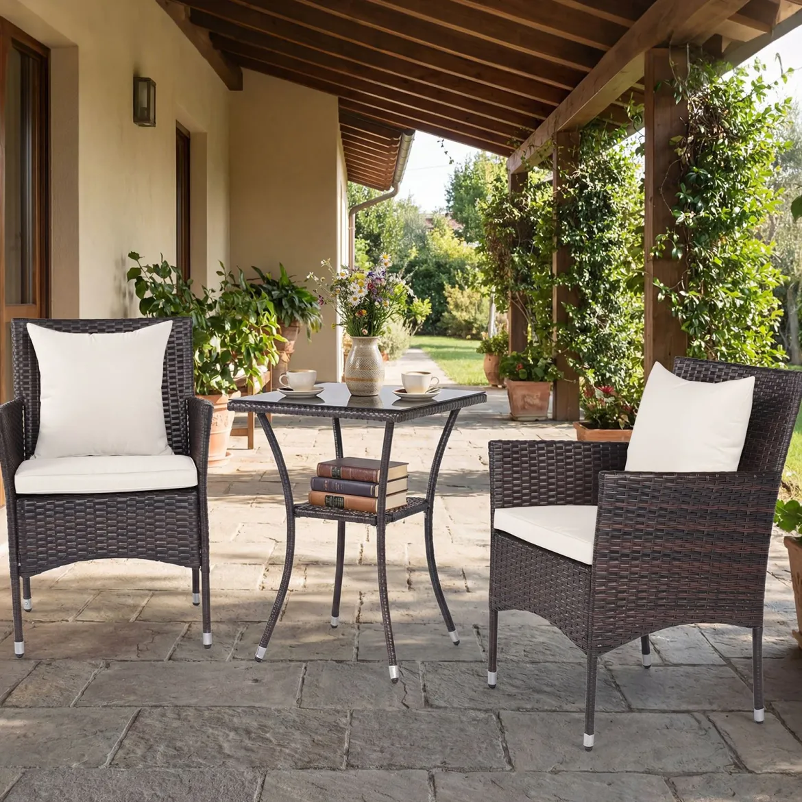 3 Teilig Gartenmöbel Set 2 Rattanstühle Glas Tisch Kissen Outdoor für Garten Veranda Poolbereich Off-White
