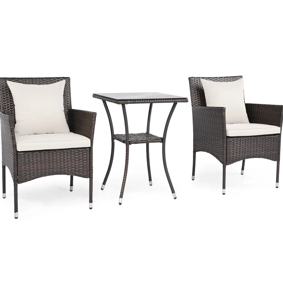 3 Teilig Gartenmöbel Set 2 Rattanstühle Glas Tisch Kissen Outdoor für Garten Veranda Poolbereich Off-White