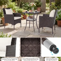 3 Teilig Gartenmöbel Set 2 Rattanstühle Glas Tisch Kissen Outdoor für Garten Veranda Poolbereich Off-White