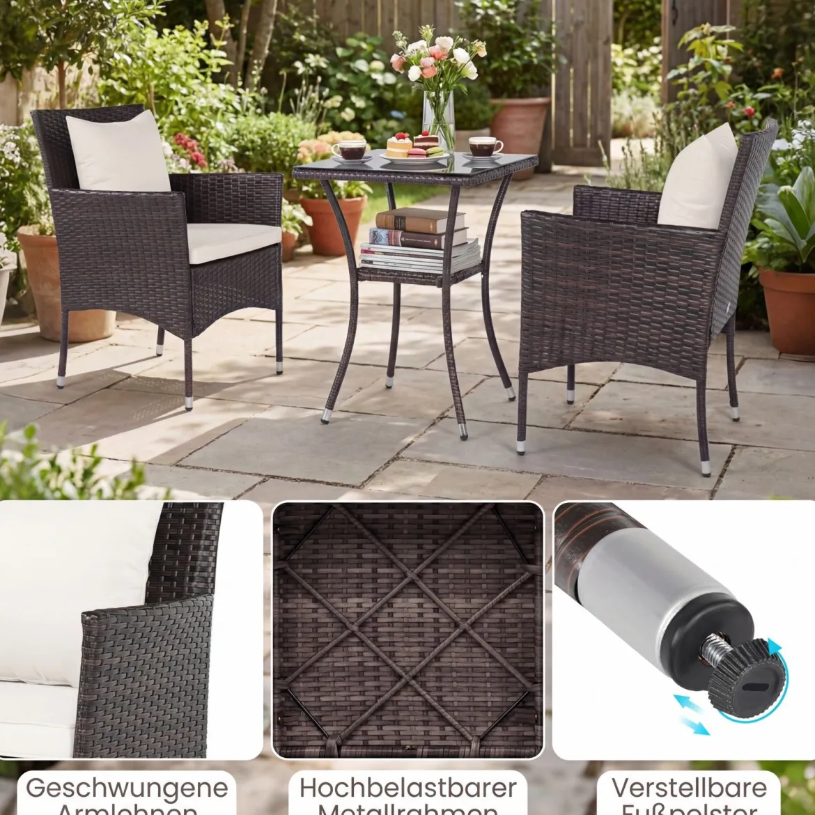 3 Teilig Gartenmöbel Set 2 Rattanstühle Glas Tisch Kissen Outdoor für Garten Veranda Poolbereich Off-White