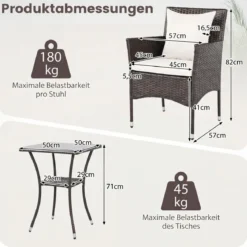 3 Teilig Gartenmöbel Set 2 Rattanstühle Glas Tisch Kissen Outdoor für Garten Veranda Poolbereich Off-White