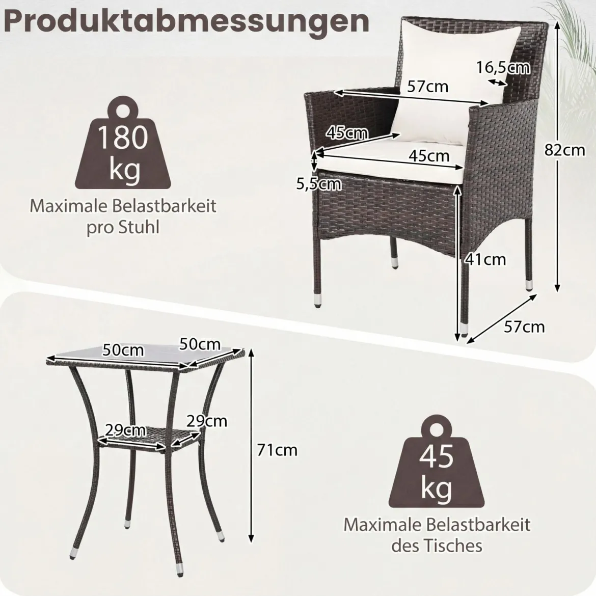 3 Teilig Gartenmöbel Set 2 Rattanstühle Glas Tisch Kissen Outdoor für Garten Veranda Poolbereich Off-White