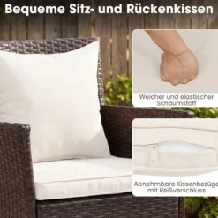 3 Teilig Gartenmöbel Set 2 Rattanstühle Glas Tisch Kissen Outdoor für Garten Veranda Poolbereich Off-White