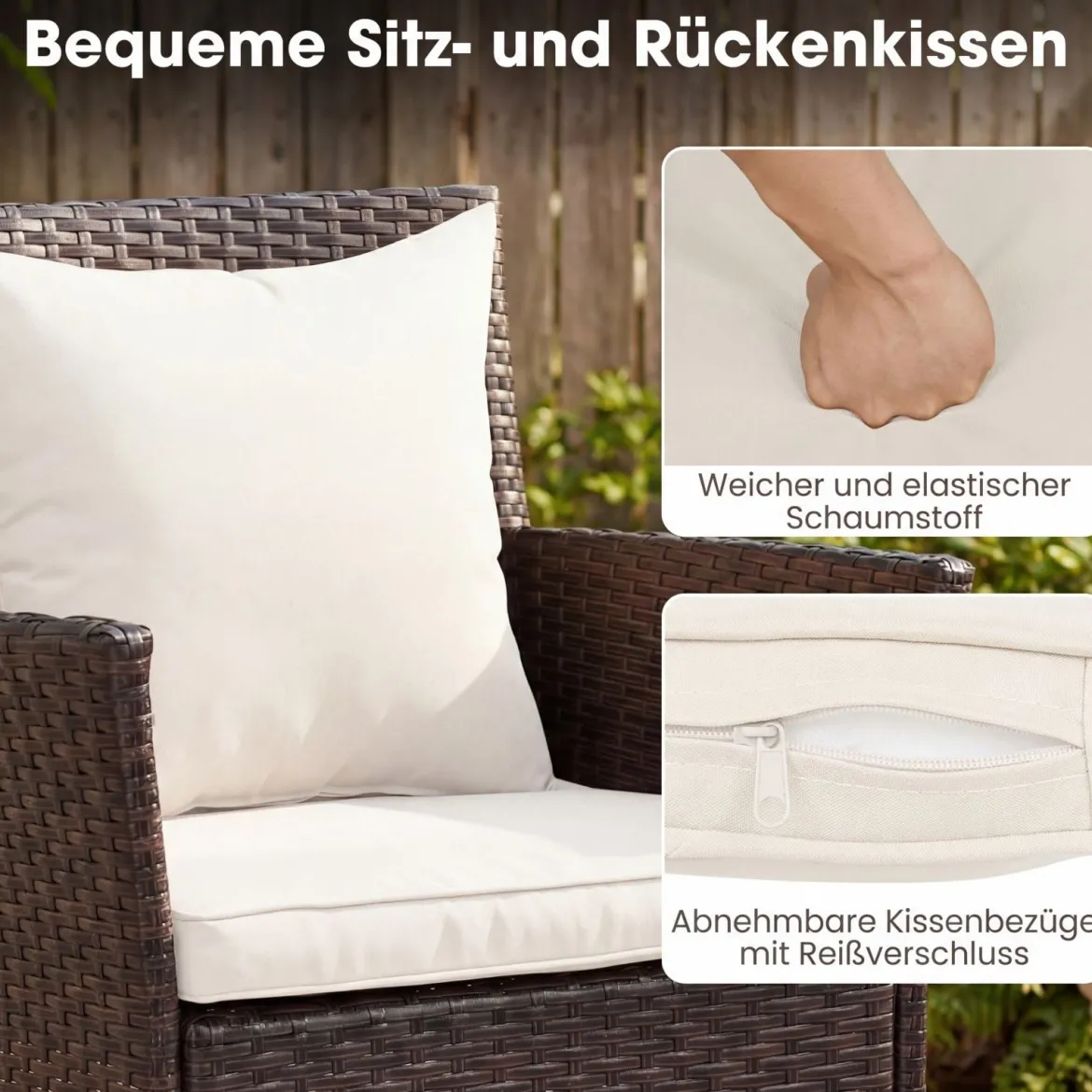 3 Teilig Gartenmöbel Set 2 Rattanstühle Glas Tisch Kissen Outdoor für Garten Veranda Poolbereich Off-White