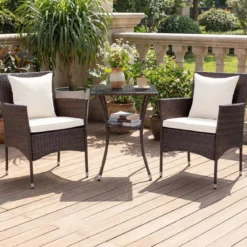 3 Teilig Gartenmöbel Set 2 Rattanstühle Glas Tisch Kissen Outdoor für Garten Veranda Poolbereich Off-White