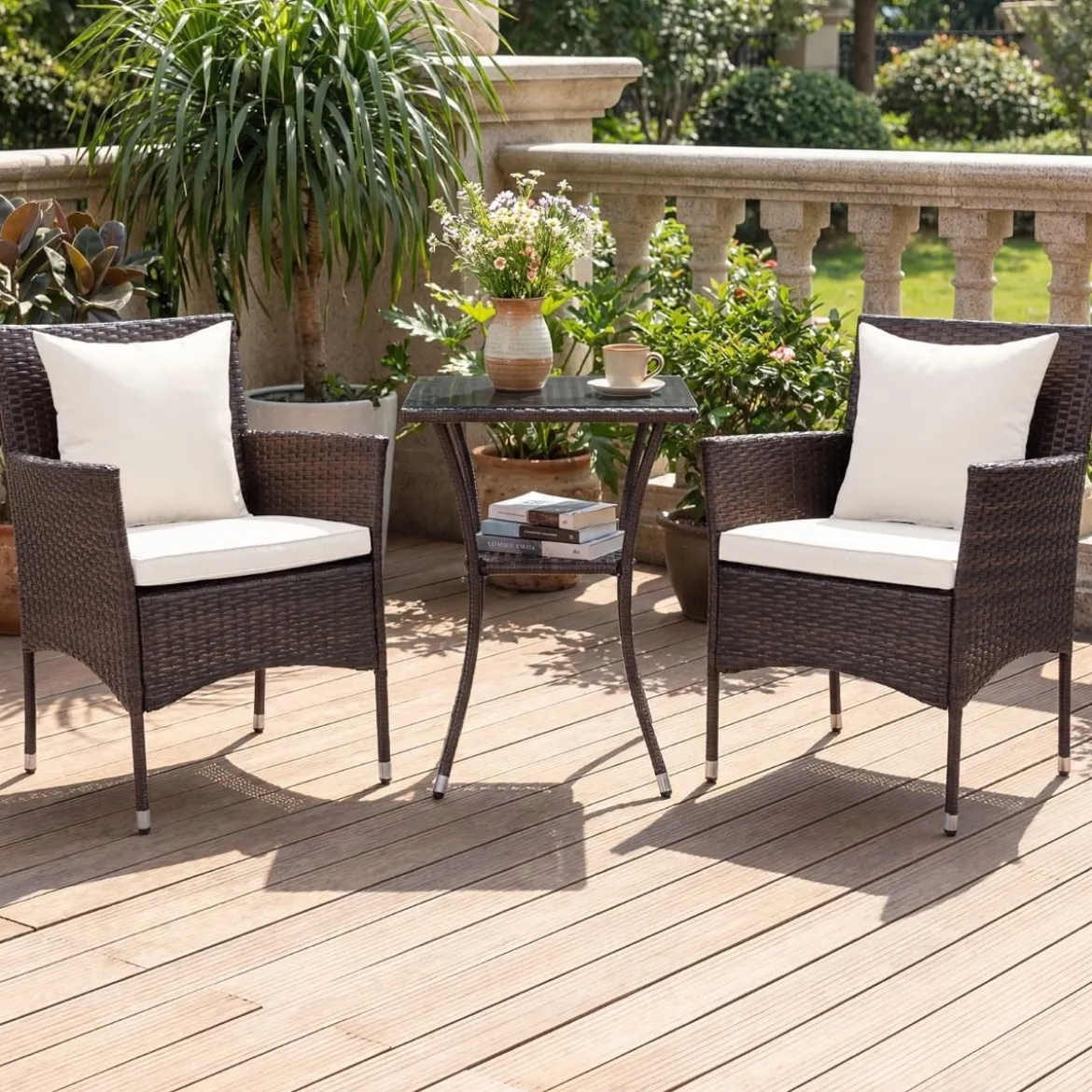 3 Teilig Gartenmöbel Set 2 Rattanstühle Glas Tisch Kissen Outdoor für Garten Veranda Poolbereich Off-White