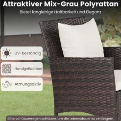 3 Teilig Gartenmöbel Set 2 Rattanstühle Glas Tisch Kissen Outdoor für Garten Veranda Poolbereich Off-White