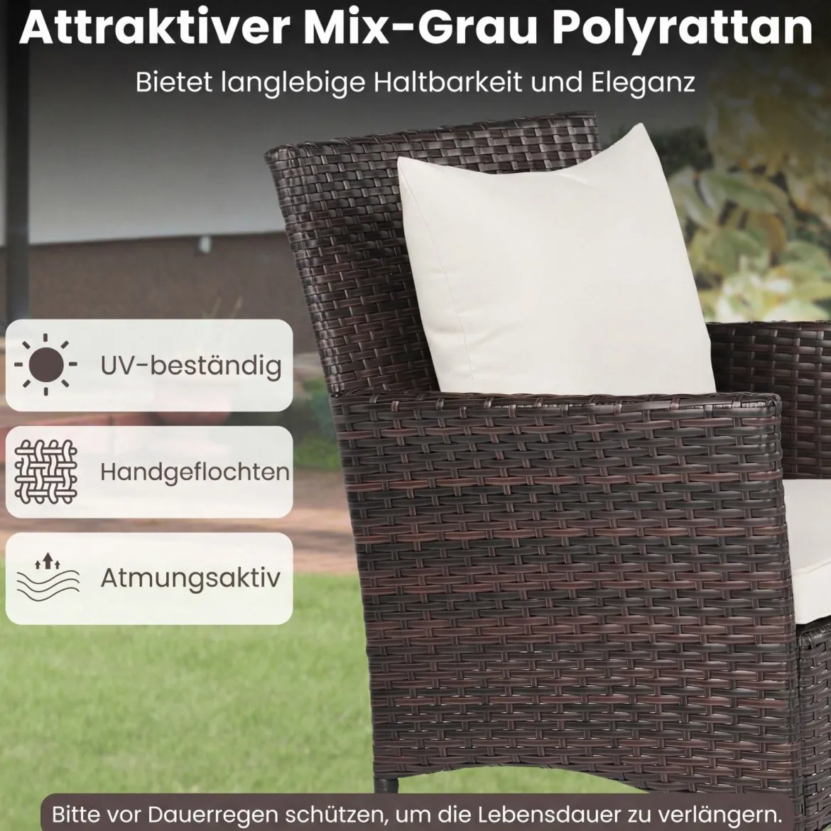 3 Teilig Gartenmöbel Set 2 Rattanstühle Glas Tisch Kissen Outdoor für Garten Veranda Poolbereich Off-White