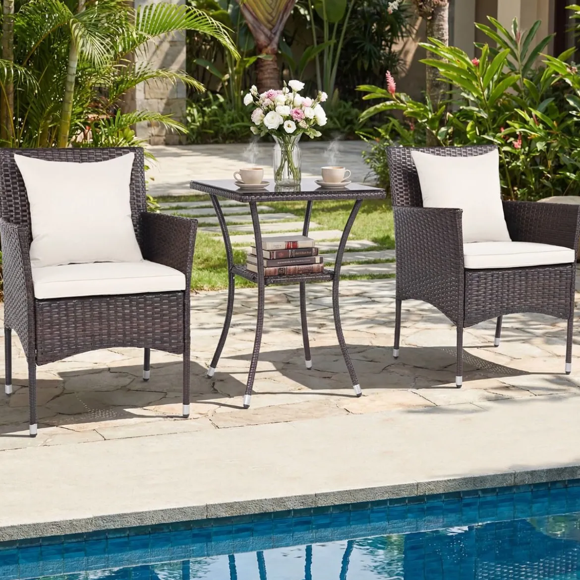 3 Teilig Gartenmöbel Set 2 Rattanstühle Glas Tisch Kissen Outdoor für Garten Veranda Poolbereich Off-White
