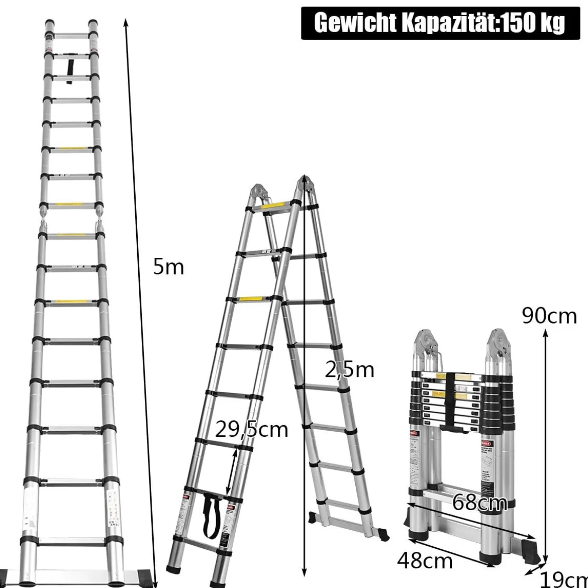 Teleskopleiter Aluminium Klappleiter Mehrzweckleiter Multifunktionsleiter Anlegeleiter Belastbarkeit 150 kg
