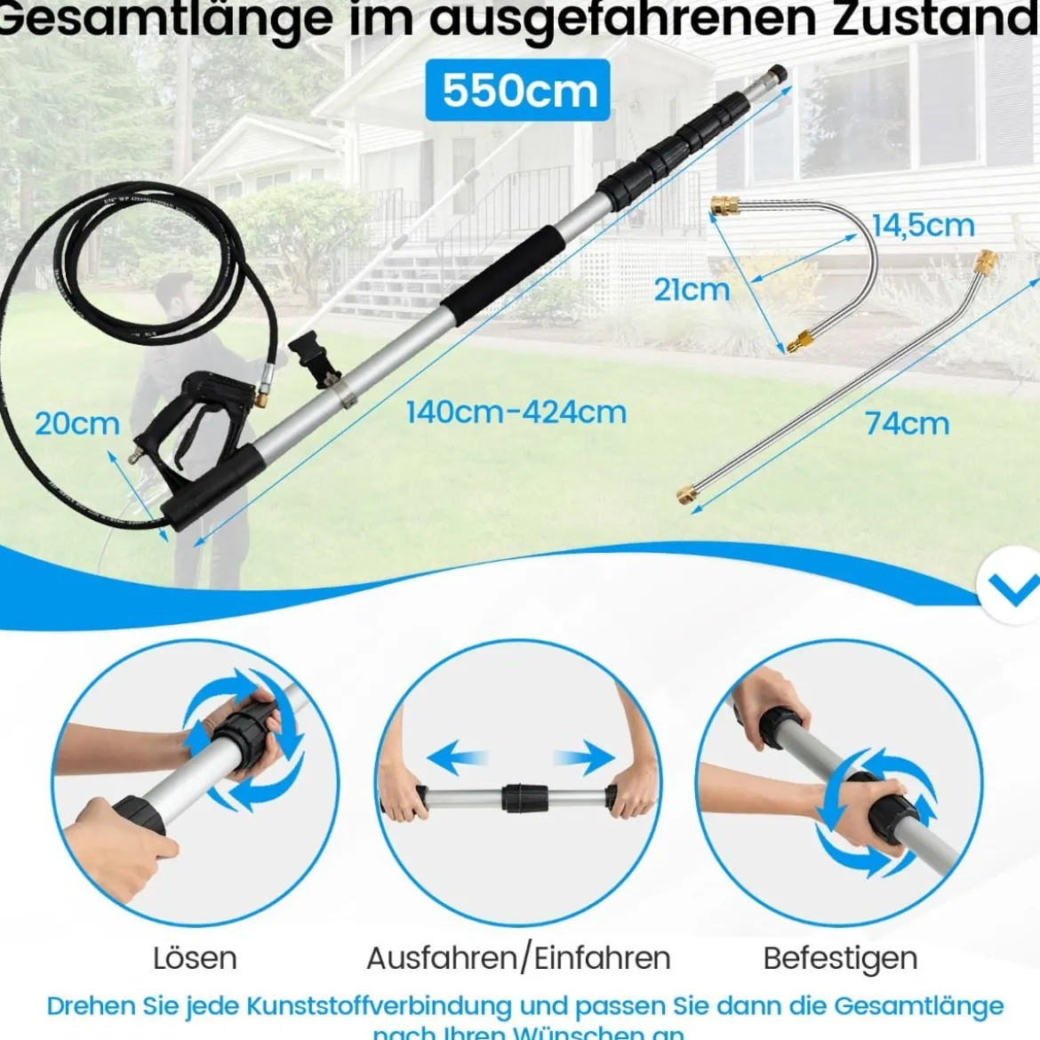 Teleskopstab für Hochdruckreiniger 550 cm Verlängerungsstab Set mit 5 Sprühdüsen Teleskop-Hochdruckreiniger