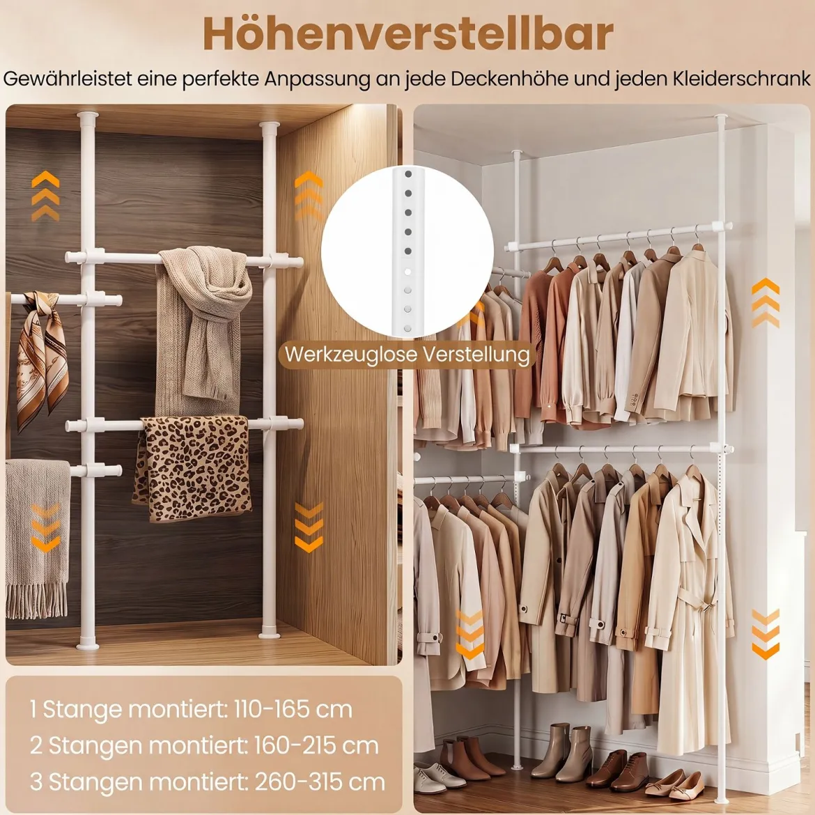 Teleskopstange Kleiderständer Höhen- und Breitenverstellbar Kleiderständer aus Metall mit 6 Stange
