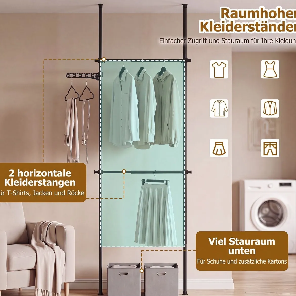 Teleskopstange Kleiderständer Höhen- und Breitenverstellbar Kleiderständer aus Metall mit 2 Stange