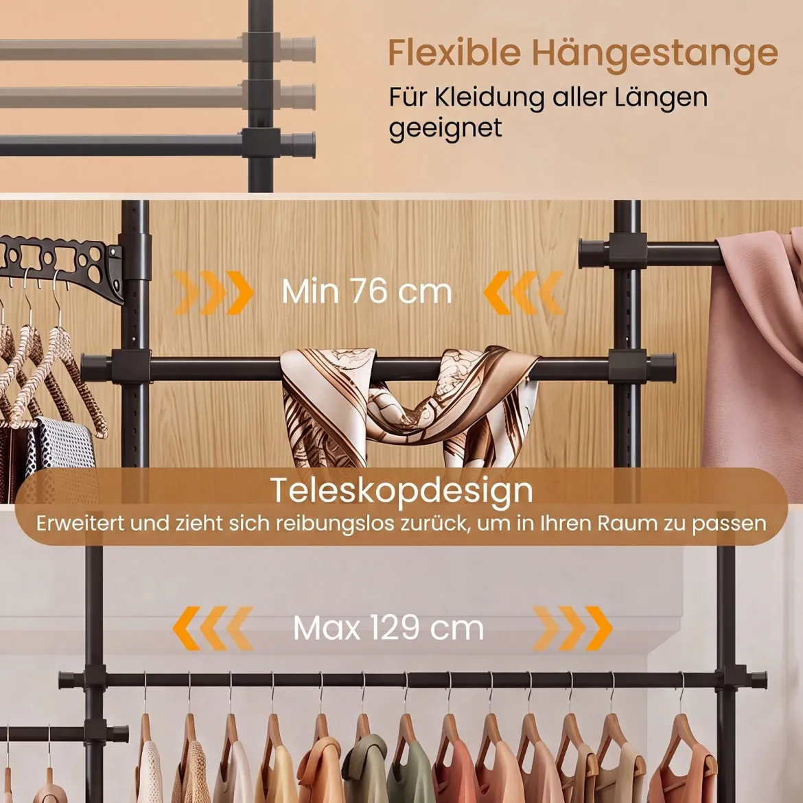 Teleskopstange Kleiderständer Höhen- und Breitenverstellbar Kleiderständer aus Metall mit 4 Stange