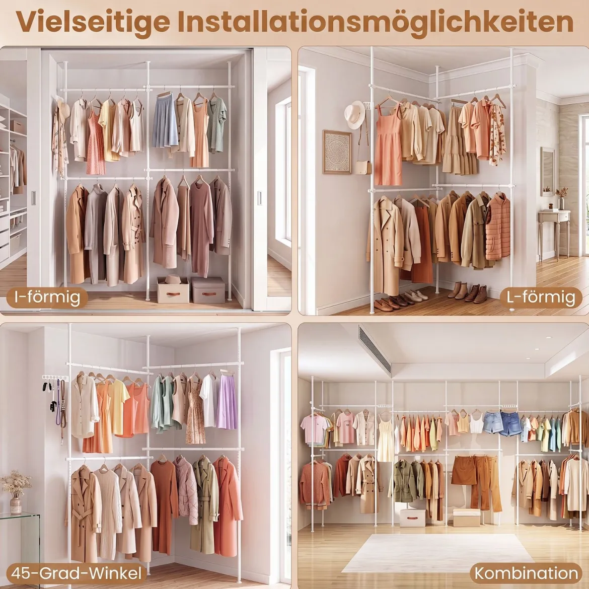 Teleskopstange Kleiderständer Höhen- und Breitenverstellbar Kleiderständer aus Metall mit 4 Stange