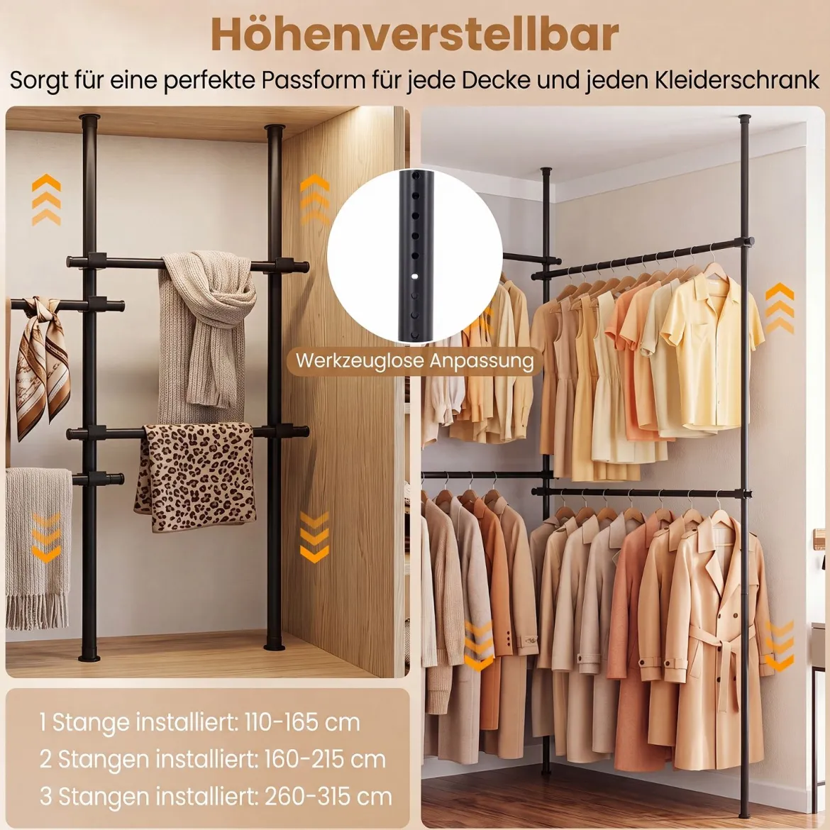 Teleskopstange Kleiderständer Höhen- und Breitenverstellbar Kleiderständer aus Metall mit 4 Stange