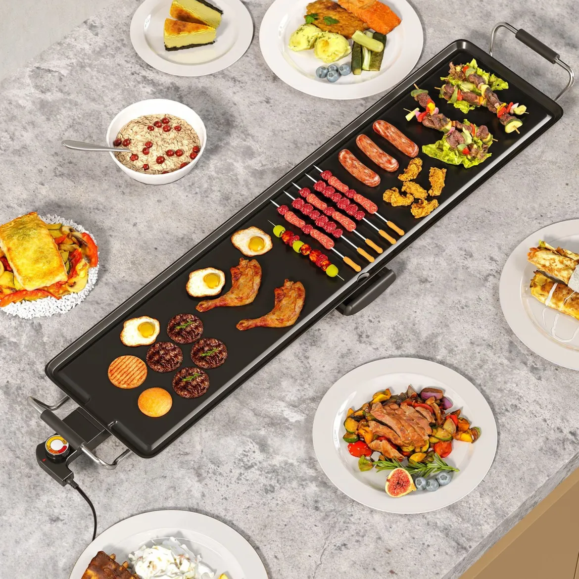 Teppanyaki Grill 1800W Elektrische Grillplatte Antihaft Tischgrill mit Einstellbarer Temperatur Thermostat und Fettauffangschale 90cm