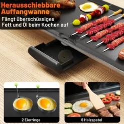 Teppanyaki Grill 1800W Elektrische Grillplatte Antihaft Tischgrill mit Einstellbarer Temperatur Thermostat und Fettauffangschale 90cm