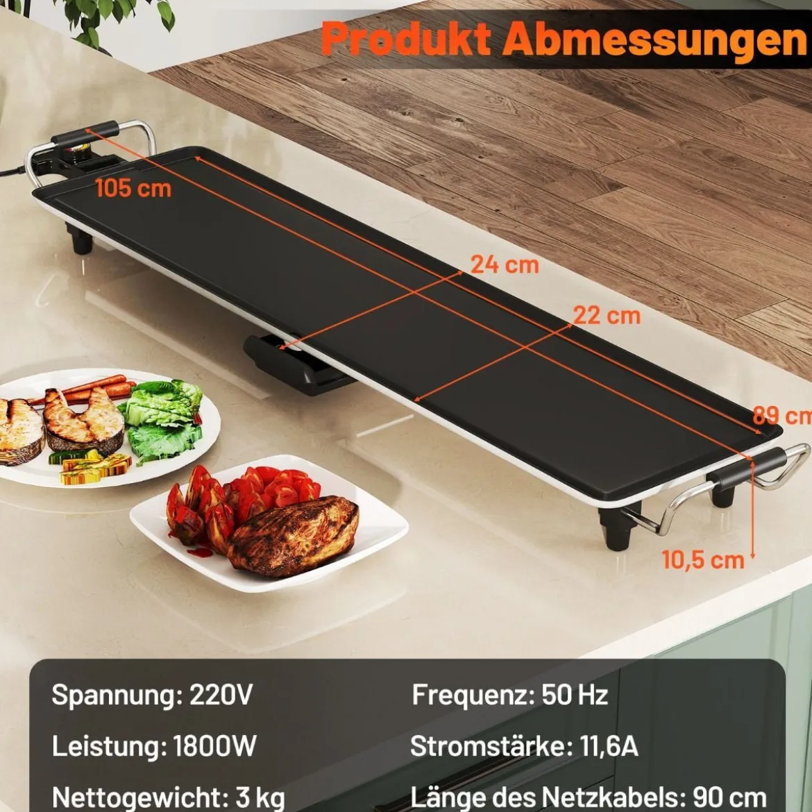 Teppanyaki Grill 1800W Elektrische Grillplatte Antihaft Tischgrill mit Einstellbarer Temperatur Thermostat und Fettauffangschale 90cm