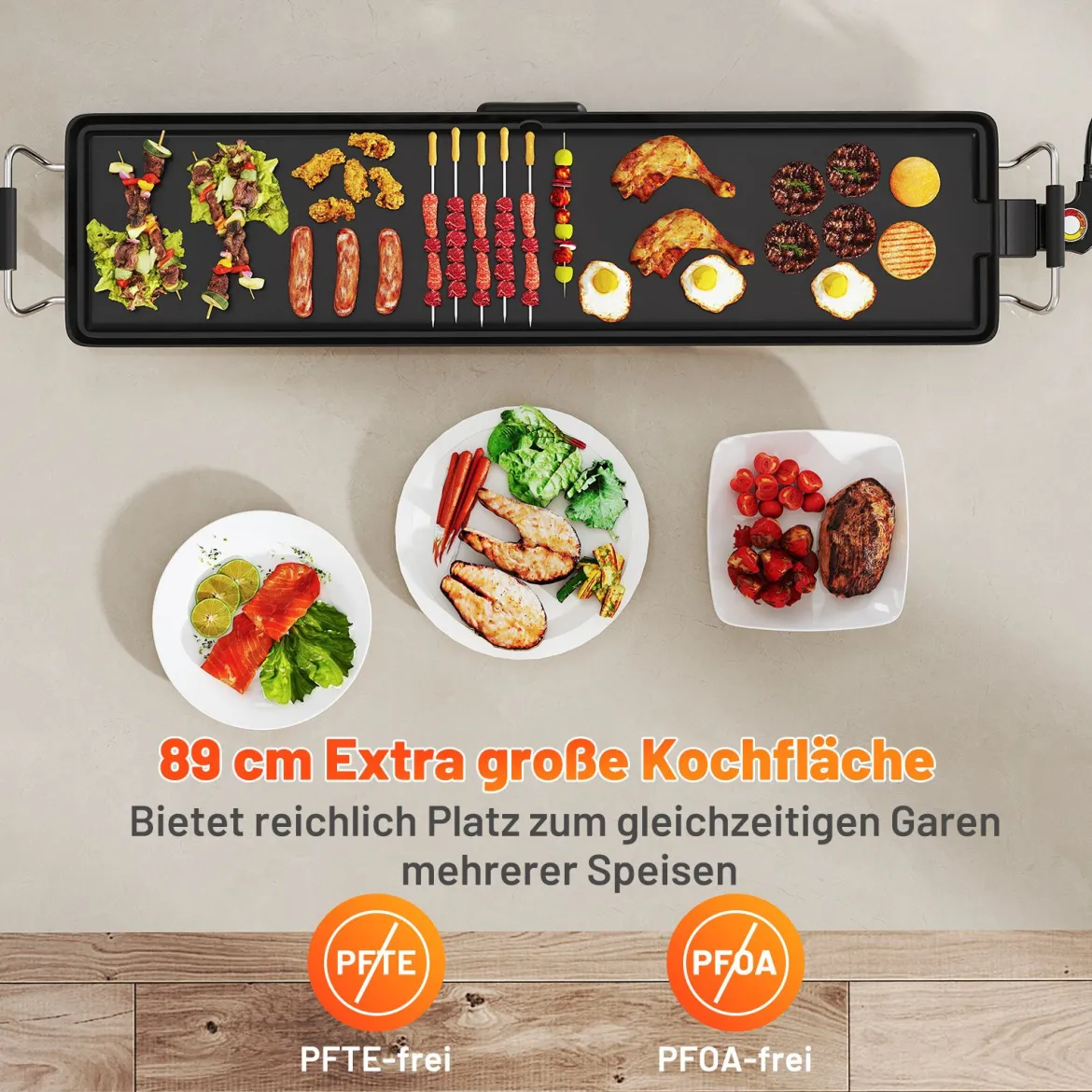 Teppanyaki Grill 1800W Elektrische Grillplatte Antihaft Tischgrill mit Einstellbarer Temperatur Thermostat und Fettauffangschale 90cm