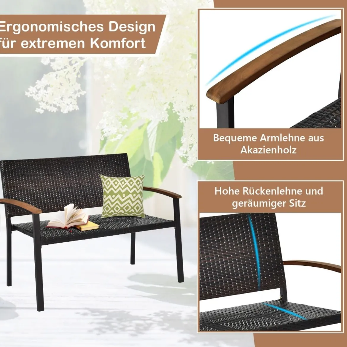 Terrassenbank Rattanbank Gartenbank Polyrattan Parkbank Gartenmöbel 115 x 58 x 88 cm Braun