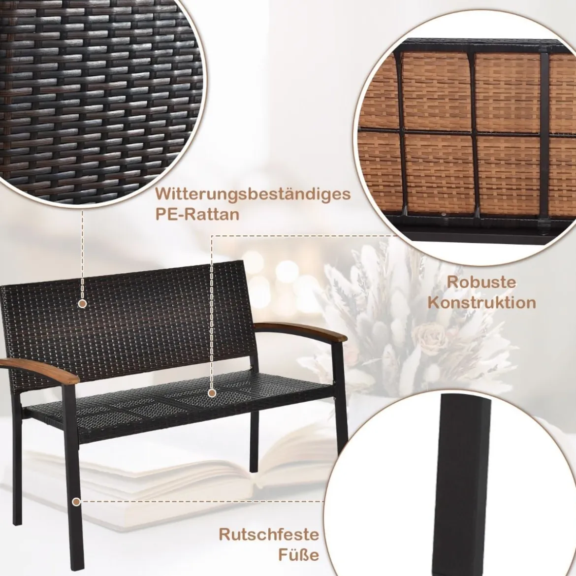 Terrassenbank Rattanbank Gartenbank Polyrattan Parkbank Gartenmöbel 115 x 58 x 88 cm Braun