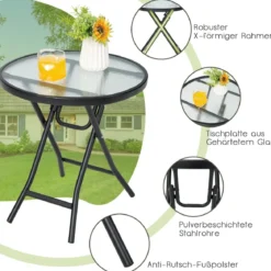 Terrassen-Esstisch Runder Glastisch mit Tischplatte aus Gehärtetem Glas 46,5 x 46,5 x 47,5 cm Schwarz