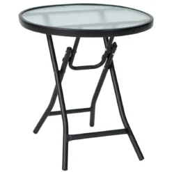 Terrassen-Esstisch Runder Glastisch mit Tischplatte aus Gehärtetem Glas 46,5 x 46,5 x 47,5 cm Schwarz