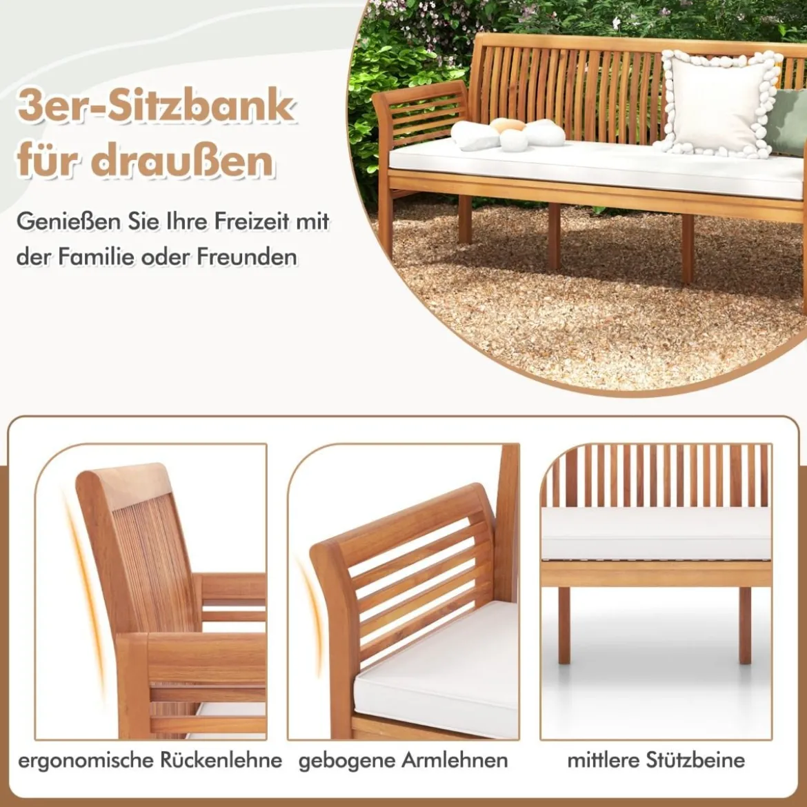 Terrassenholzbank mit Weichen Sitzkissen & Ergonomischer Rückenlehne Outdoor-Bank