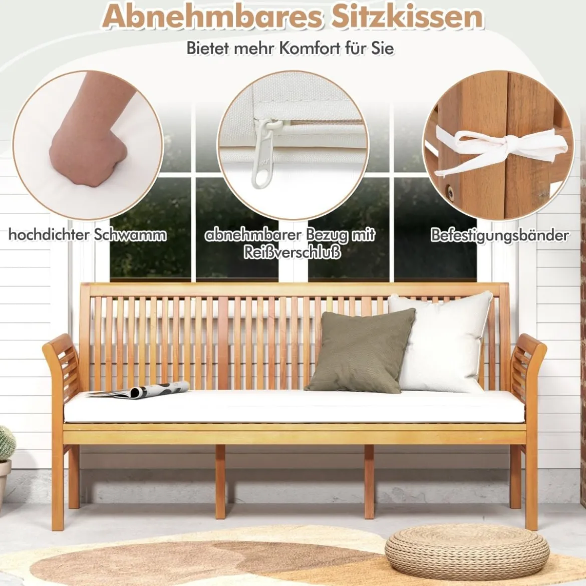 Terrassenholzbank mit Weichen Sitzkissen & Ergonomischer Rückenlehne Outdoor-Bank