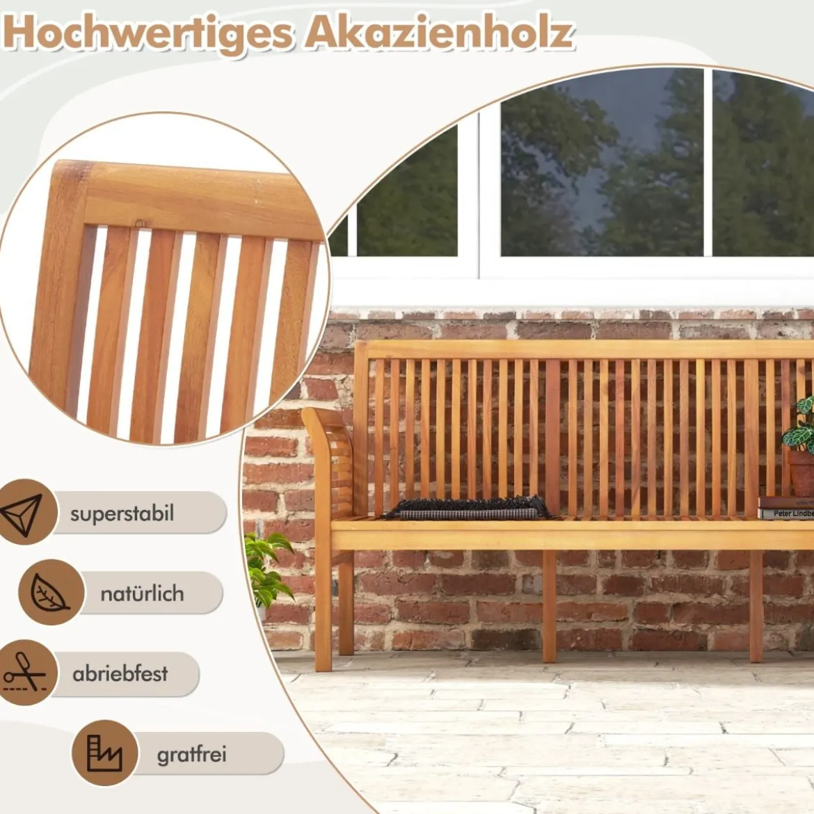 Terrassenholzbank mit Weichen Sitzkissen & Ergonomischer Rückenlehne Outdoor-Bank