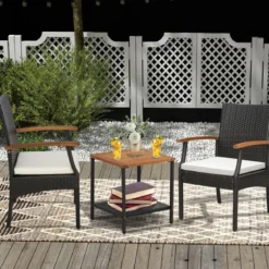 Terrassen-Korbstühle im 2er-Set aus PE-Rattan mit weichem Kissen + Reißverschluss