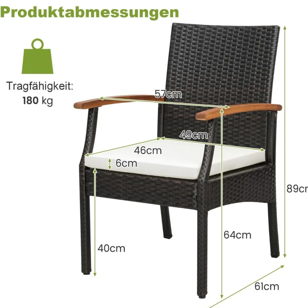 Terrassen-Korbstühle im 2er-Set aus PE-Rattan mit weichem Kissen + Reißverschluss